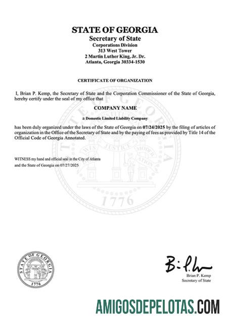 Certificado de organização realista dos EUA Geórgia modelo Word e PDF